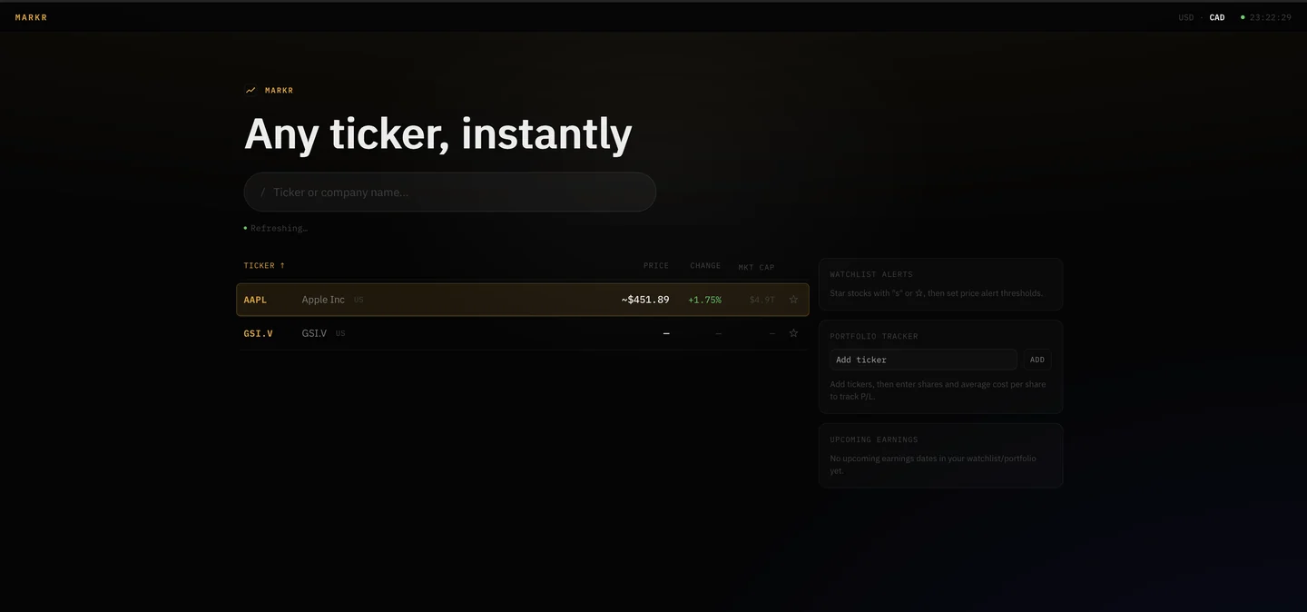 Markr's screener: a search field above a sortable ticker table listing price, change, and market cap, beside watchlist, portfolio, and upcoming-earnings panels