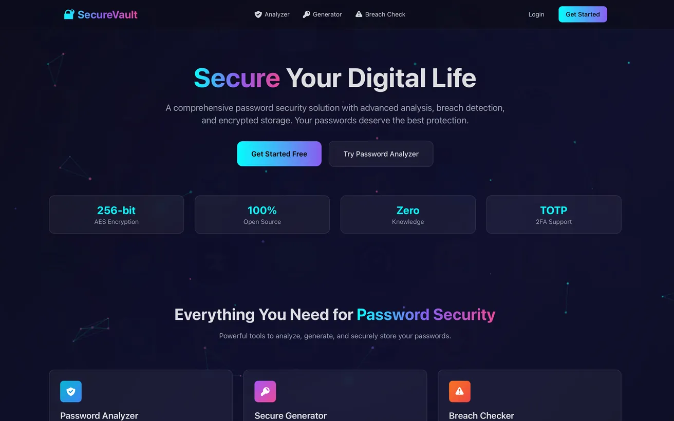 SecureVault landing page: password analyzer, generator, and breach checker